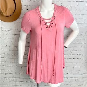 Umgee USA Pink V Neck Boho Lace Up Knit
